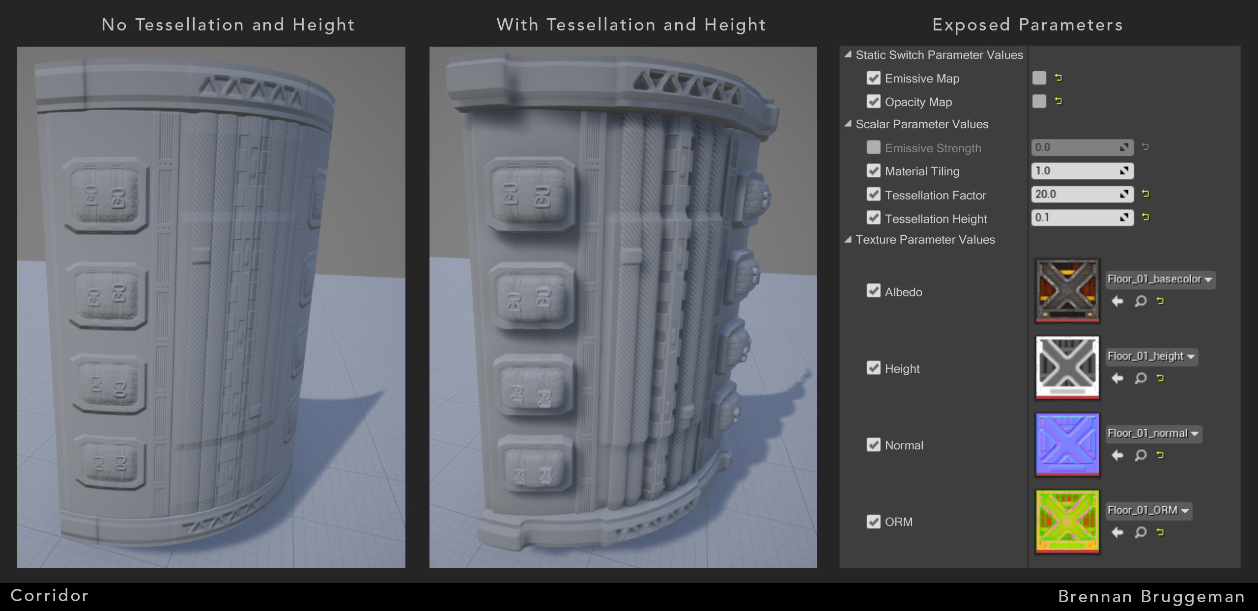Created and exposed switch parameters which allows for toggling emissive and opacity maps as some materials will not utilize those maps, as well as value parameters which allow control of emissive strength, tiling amount, tessellation factor, and height.