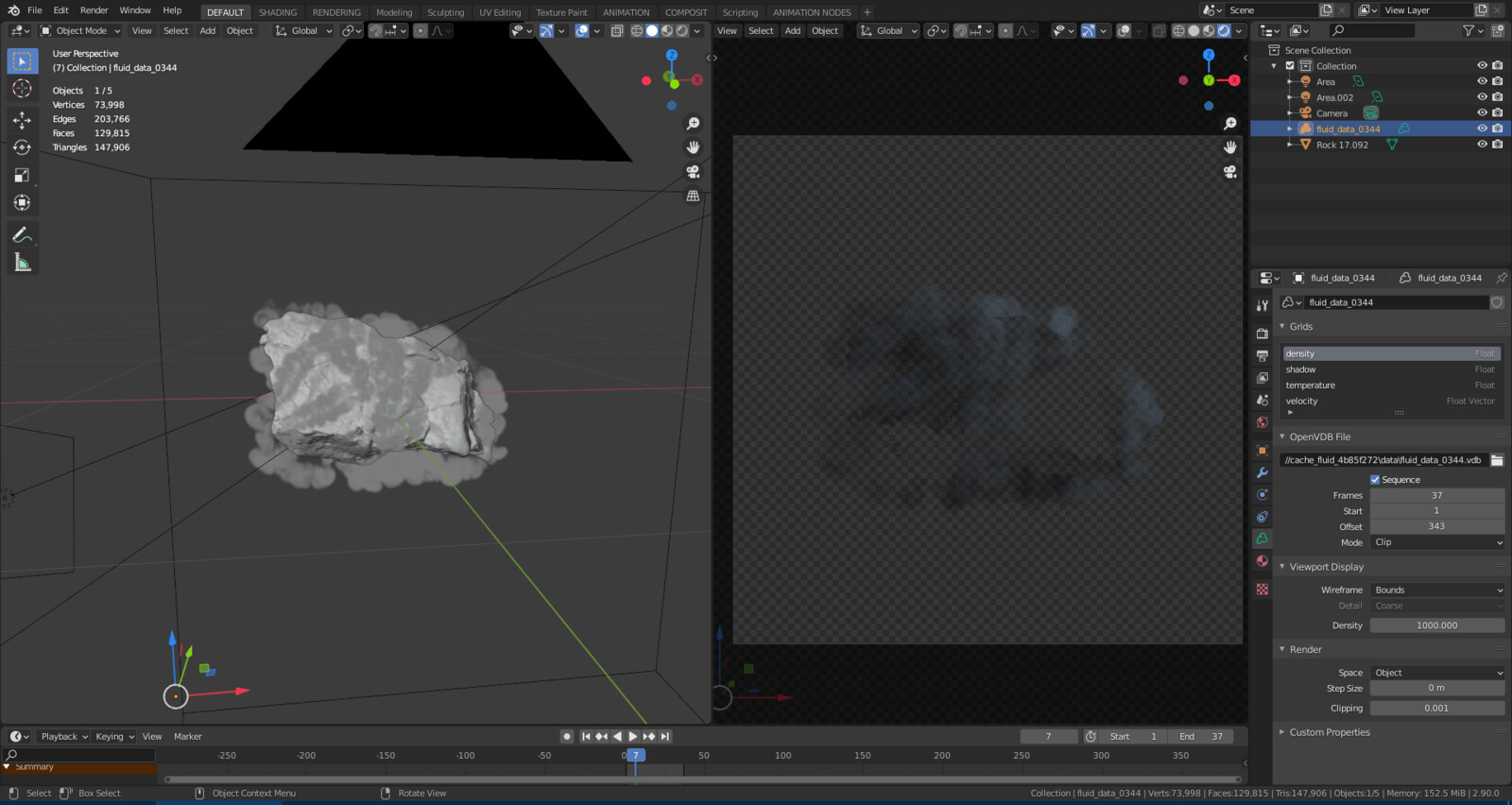Cycles smoke render with rock as shadow catcher used as shadow pass on top of eevee render