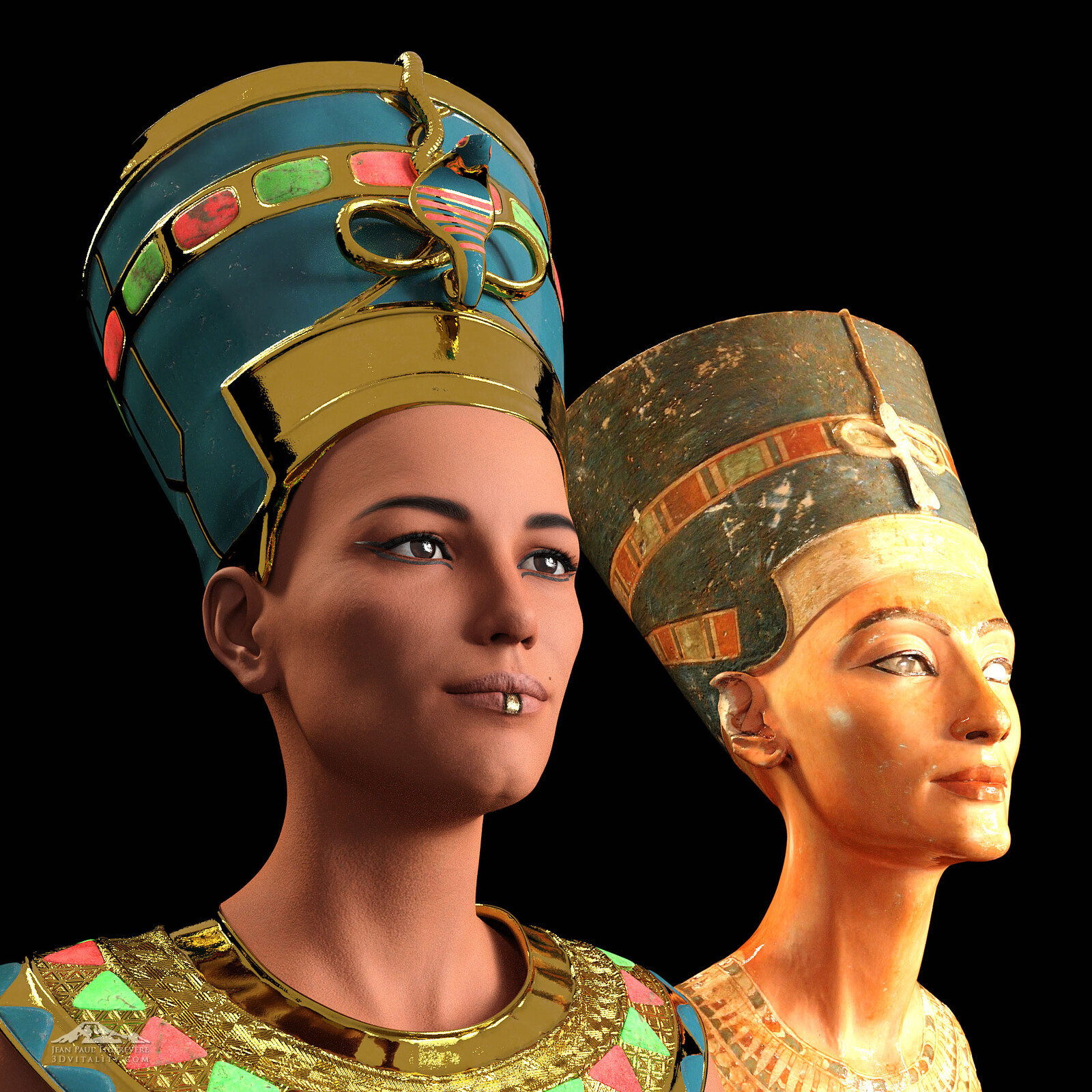 Second try, to come closer to the original: Neferet-iti and her bust, the original bust of Nofretete