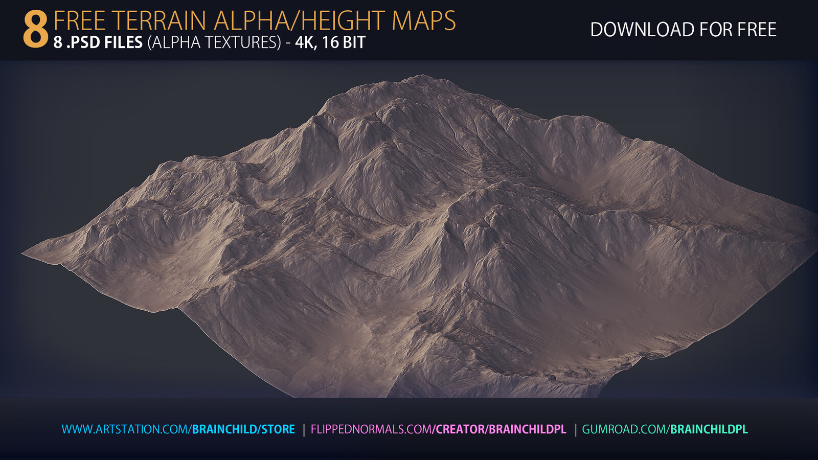 Download For Free https://www.artstation.com/brainchild/store | FREE - 8 Terrain Alpha Textures | Terrain Height Maps | 4k, 16bit