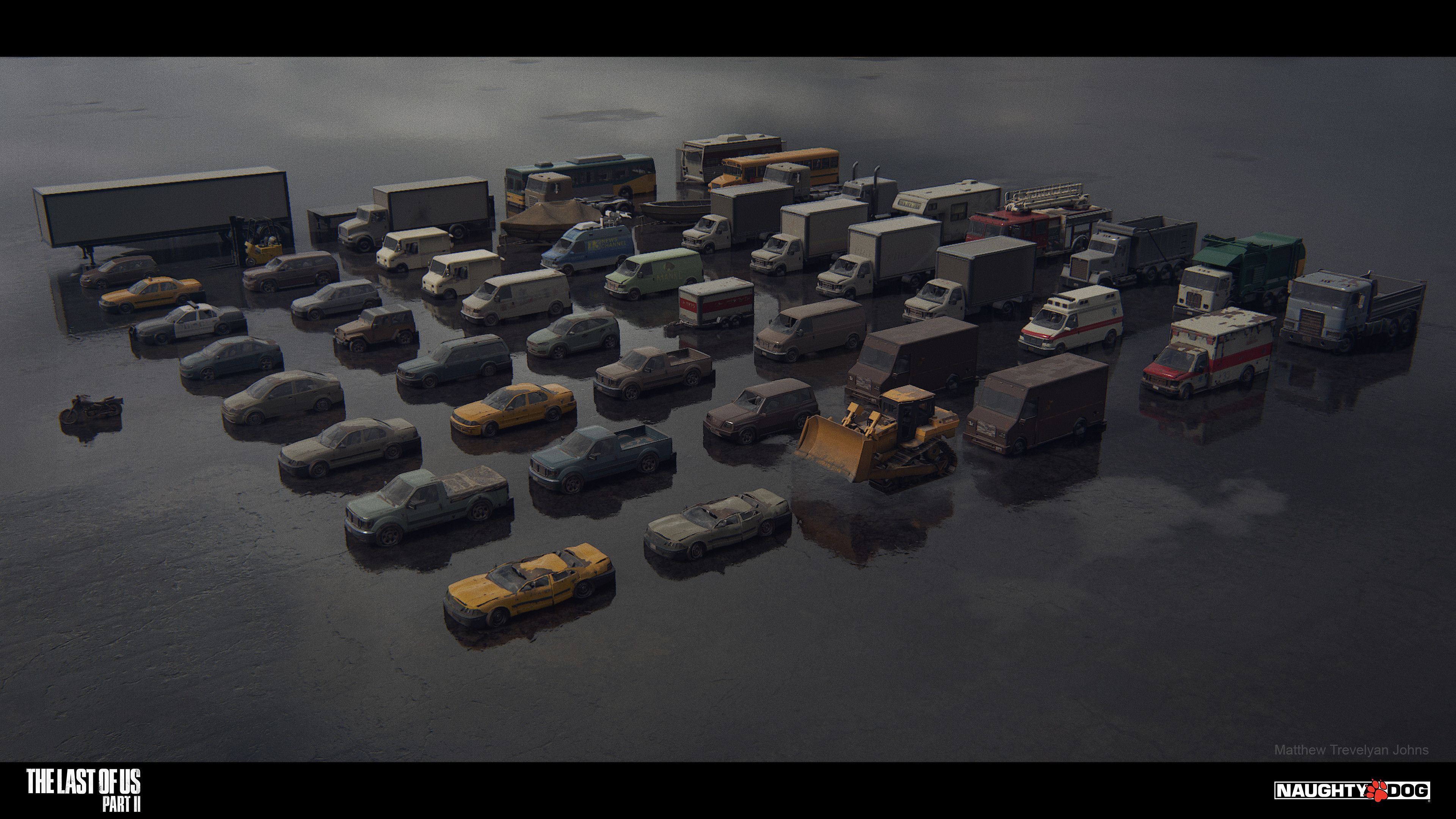 This image shows the full set of 'wet' vehicles artist could choose to place in their levels. From this distance, many detailed, blend layers fade out for optimisation (see final video for a better example)