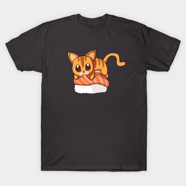 You can find the prints on teepublic.
https://www.teepublic.com/t-shirt/1821208-orange-cat-salmon-sushi?store_id=125261