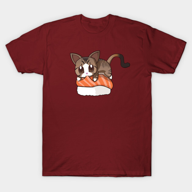 You can find the prints on teepublic.
https://www.teepublic.com/t-shirt/1831755-brown-stripped-cat-salmon-sushi?store_id=125261