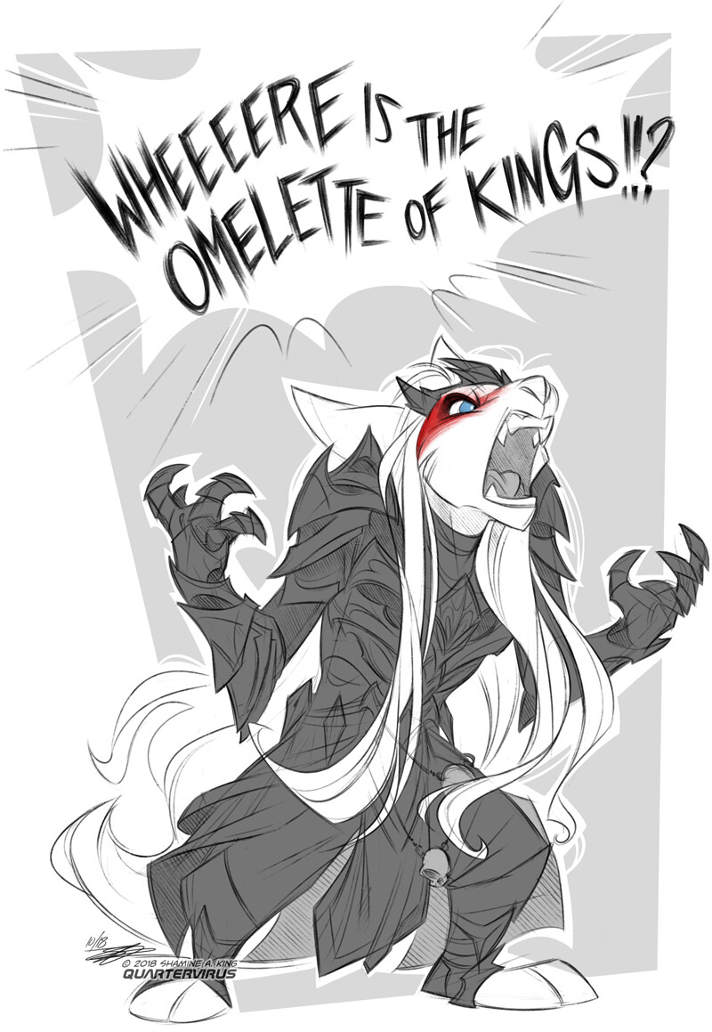 I brainfarted while distracted by Neopet dailies, and instead of saying 'Amulet of Kings' it came out 'Omelette of Kings', and thus Mannimarkyrii was born.