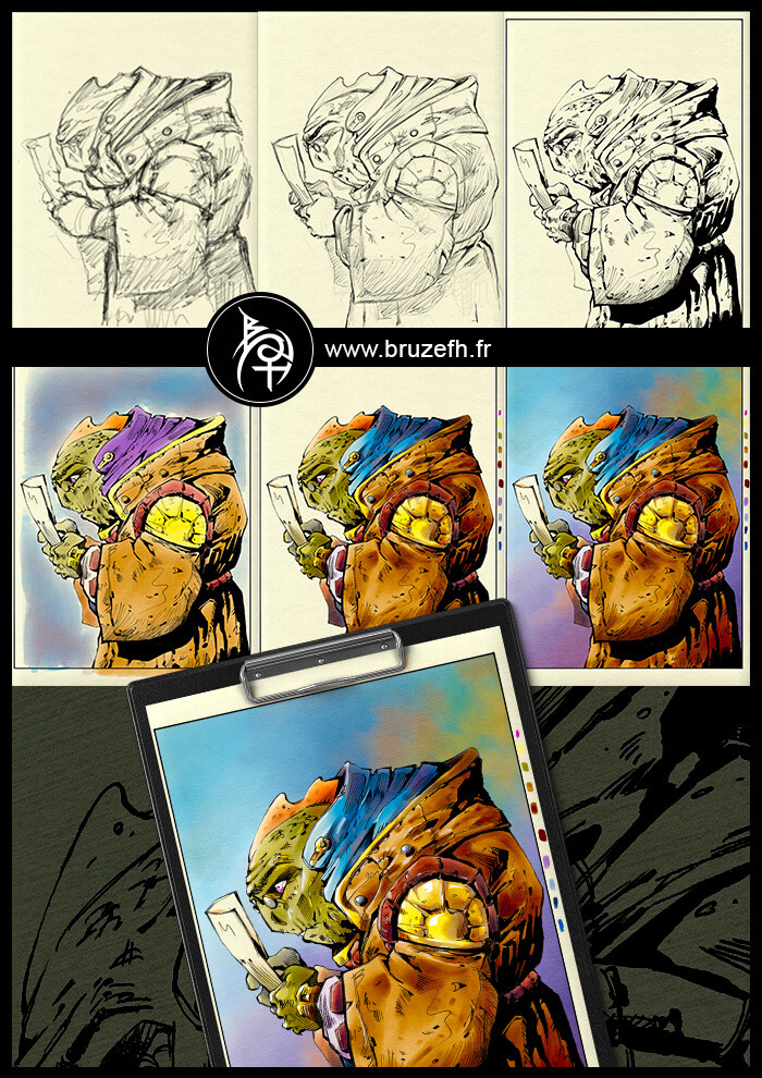 Steps from drawing to inking and colouring.