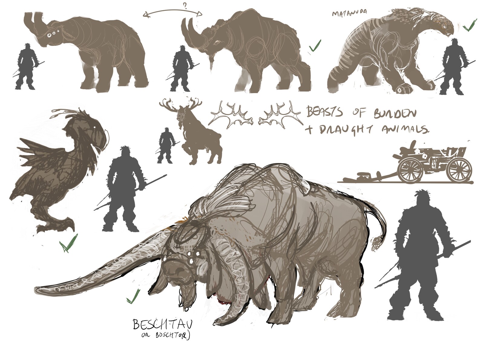Sketches for other potential pack and dray animals.