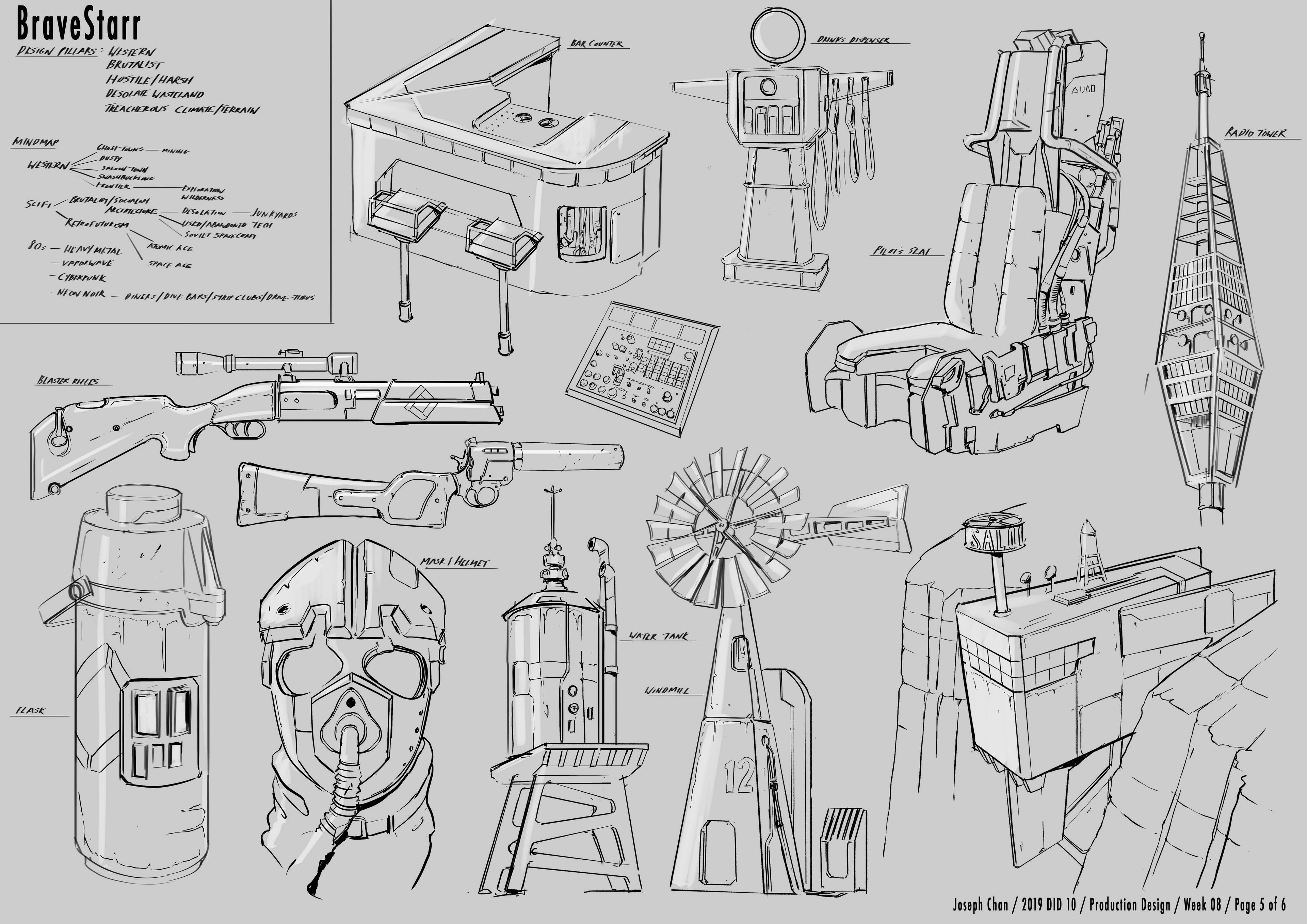 Sketches to develop the look, feel and design language of the world. Set on an isolated mining planet at the mercy of bandits, this was intended to be a brutal and hostile world with immense electrical storms and hurricane level winds.