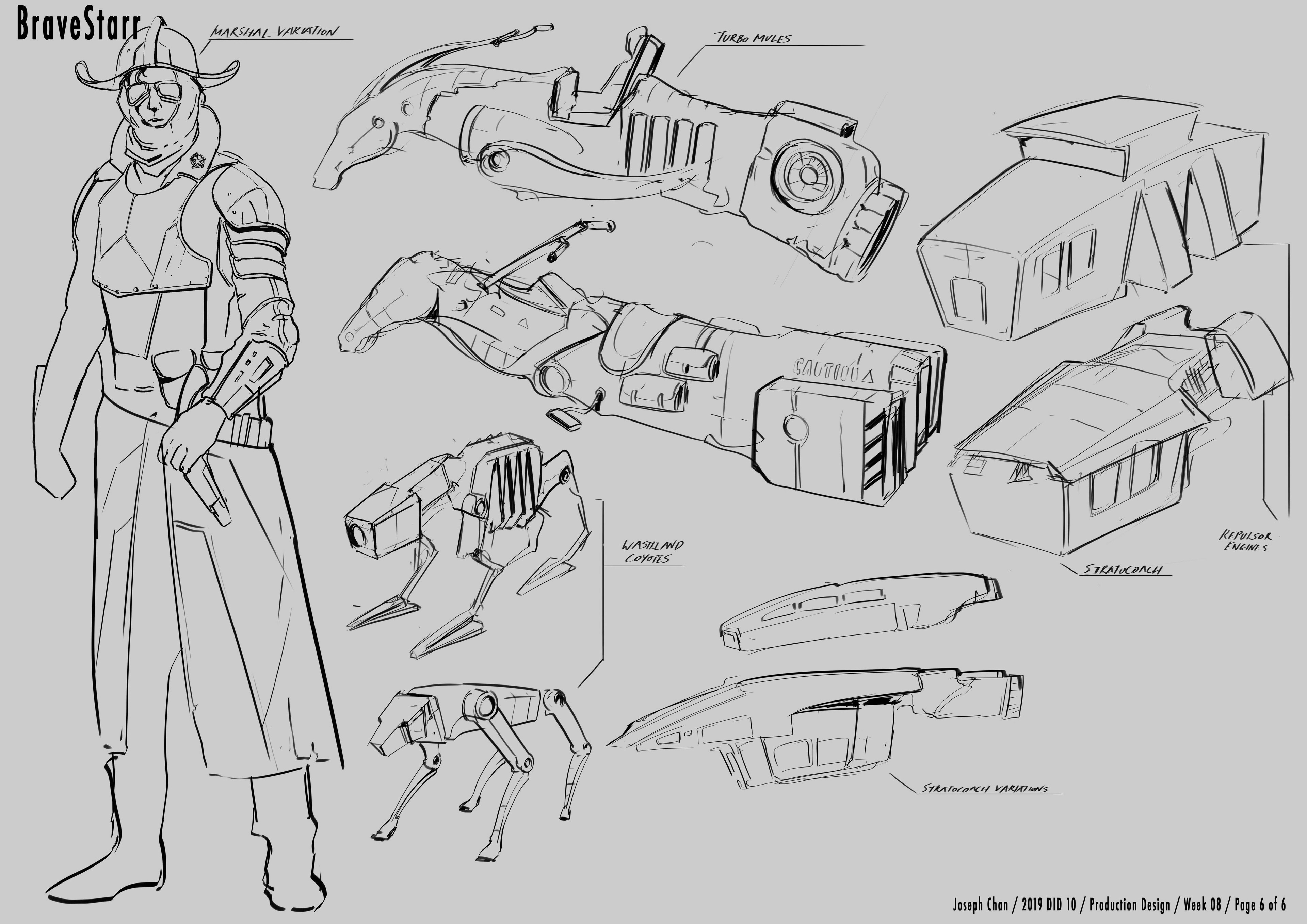 I drew upon militaristic and brutalist references and gave the characters and vehicles a layer of weathered armour to reflect their rugged and martial nature.