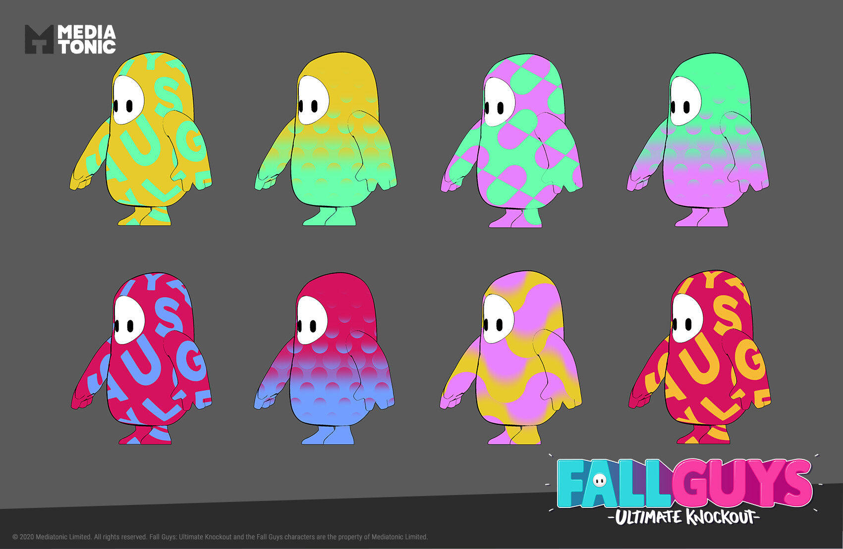 Ash Kerins Fall Guys Character costumes and base patterns.
