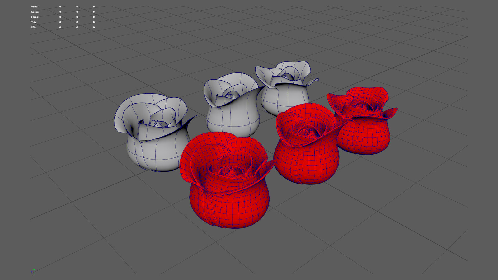 Roses created with NURBS and converted to poly quads.