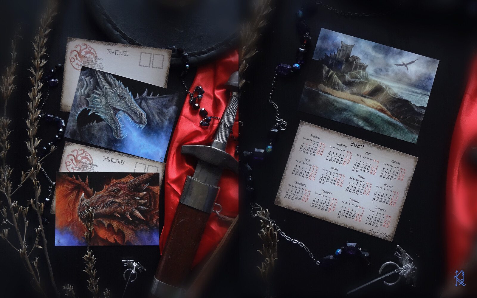 Printed products with dragon illustrations.