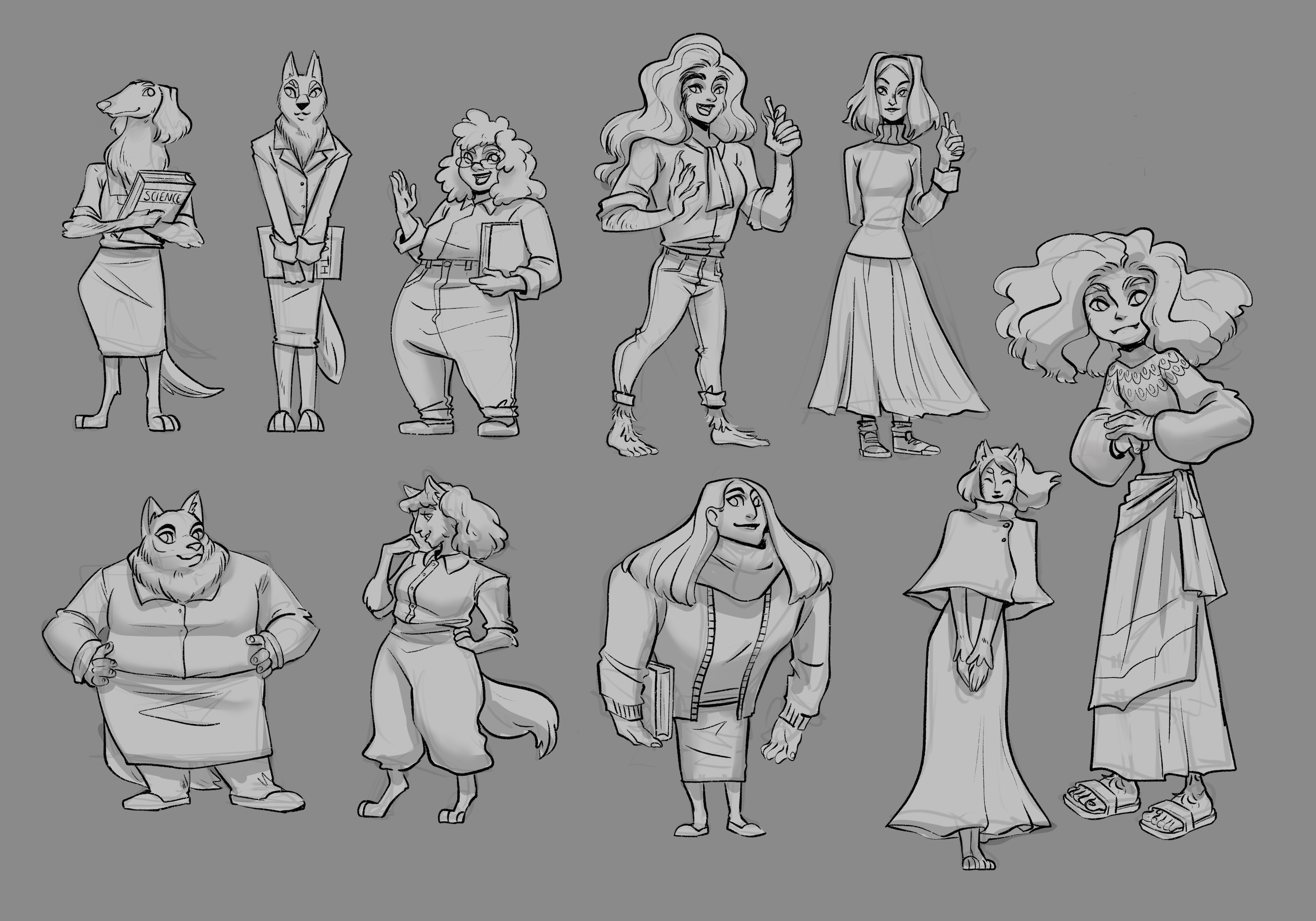 Character thumbnails, exploring different shapes and approaches.