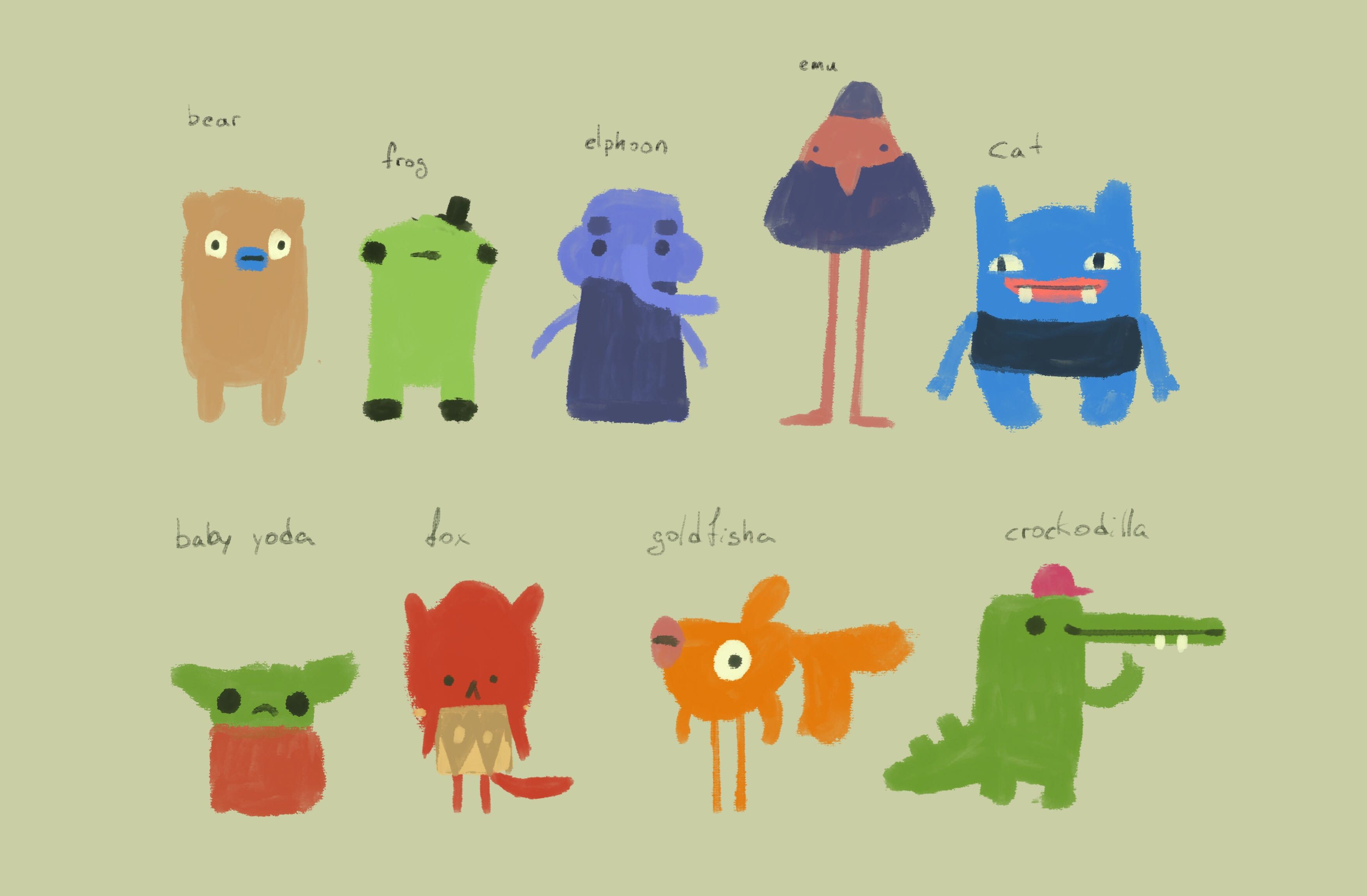 Idea sheet. Cute, flat and wierd animals. Minimal, naive style.