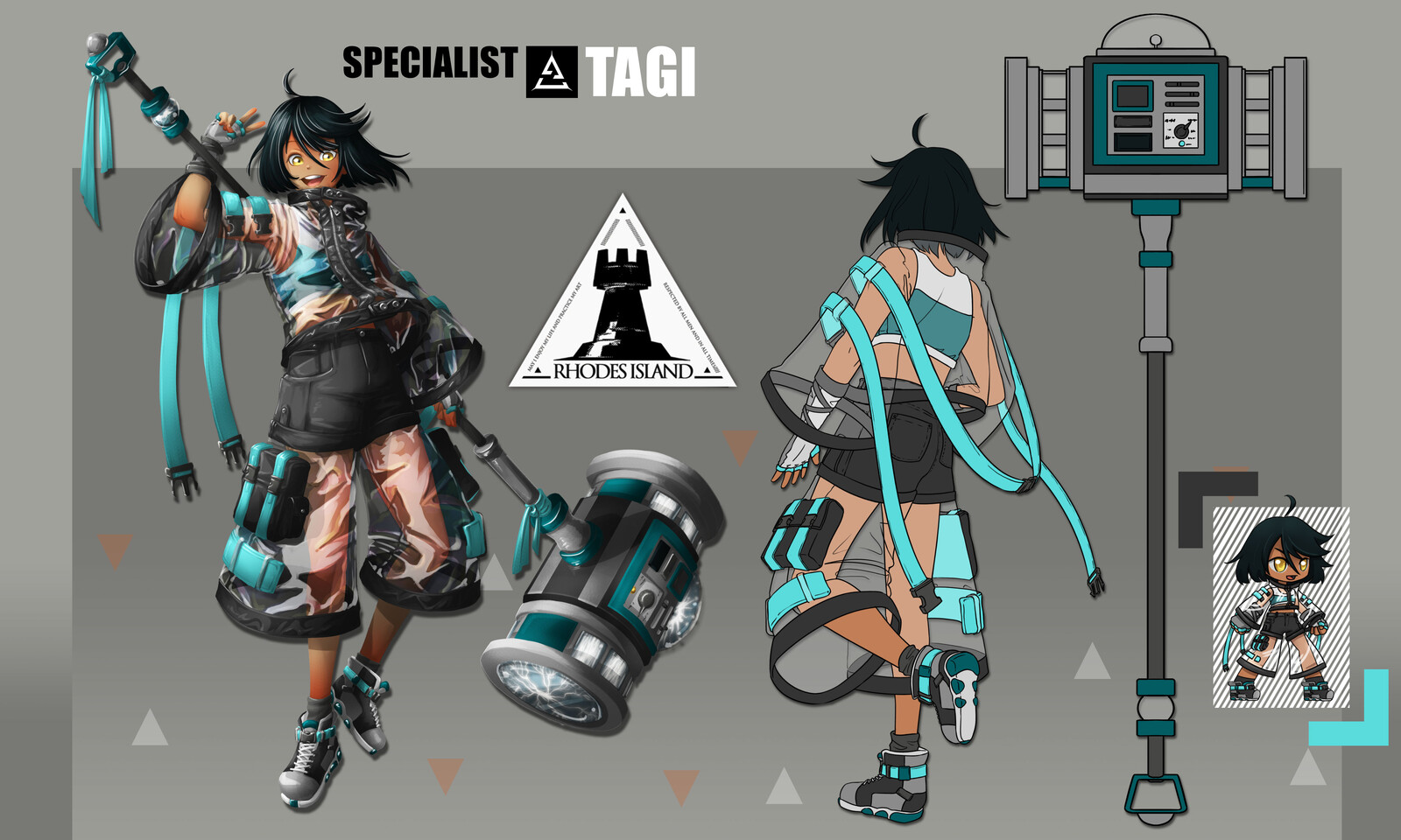 Character Sheet, includes main view, back view, weapon, and in-game character. 