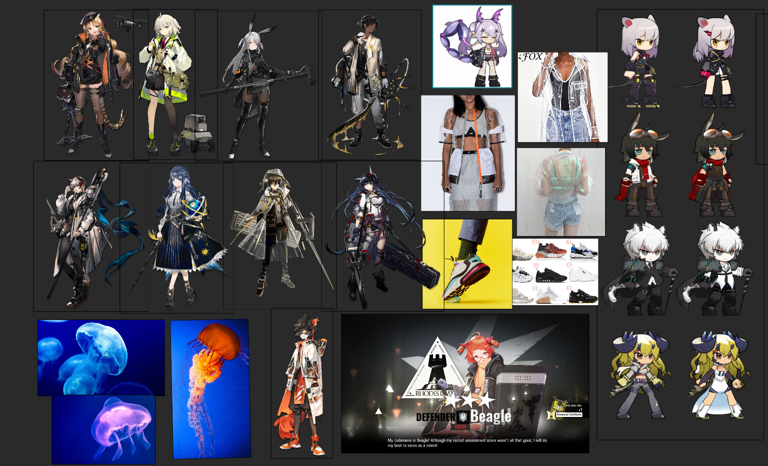 References for Arknights' style, clothing, and jellyfish.