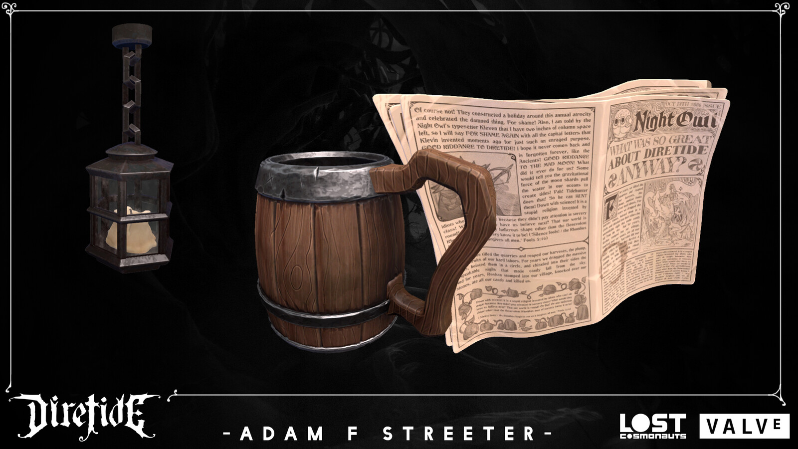 Props! Newspaper modeled by me. Edits by Tim Brown Lees. Rigging by Valve. Materials by Alfred Khamidullin.
Mug textures by me and Denis V. Model and sculpt by Denis.