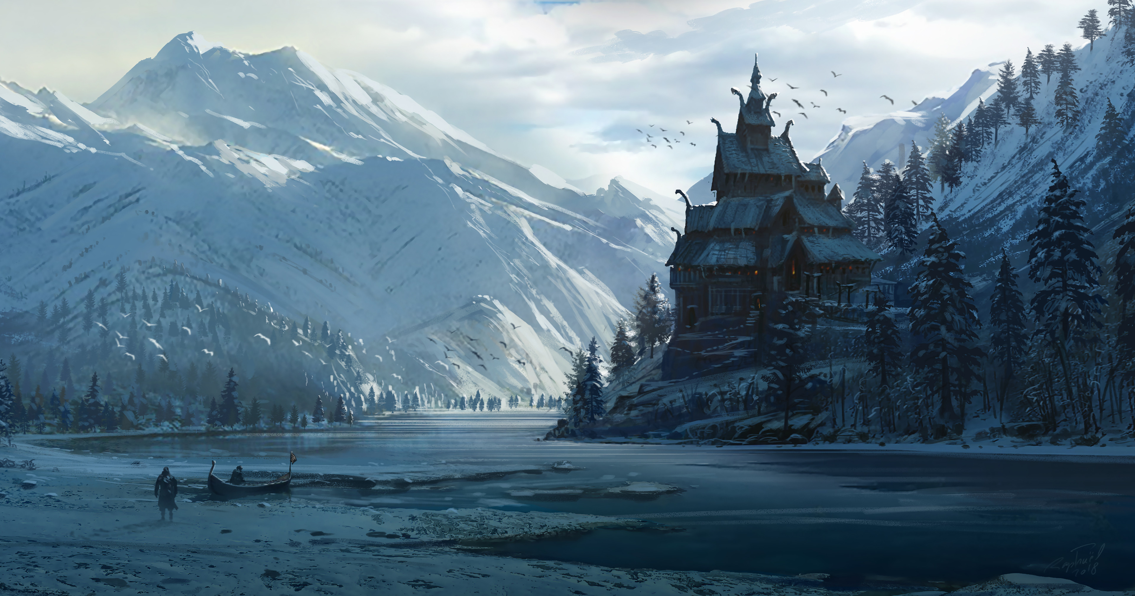 Norwegian Church in an epic Fjord, concept Art for the world of AC Valhalla
