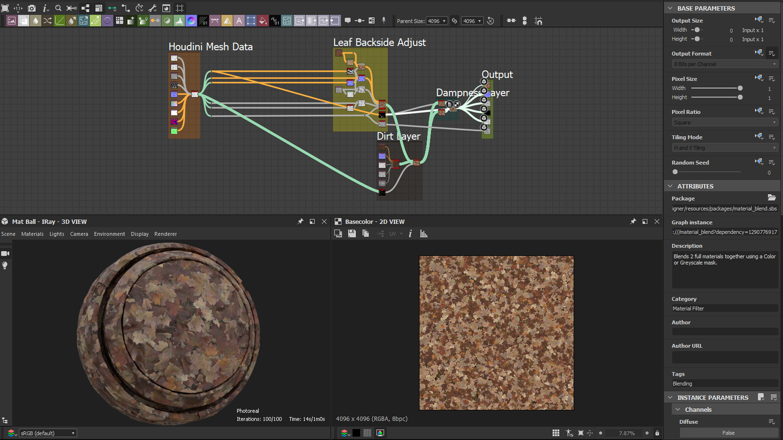 In Substance Designer the baked mesh data from Houdini is read and applied for the final material. The colour ID map allows me to manipulate the values for the backside of each leaf. Dirt and dampness layers are added.  