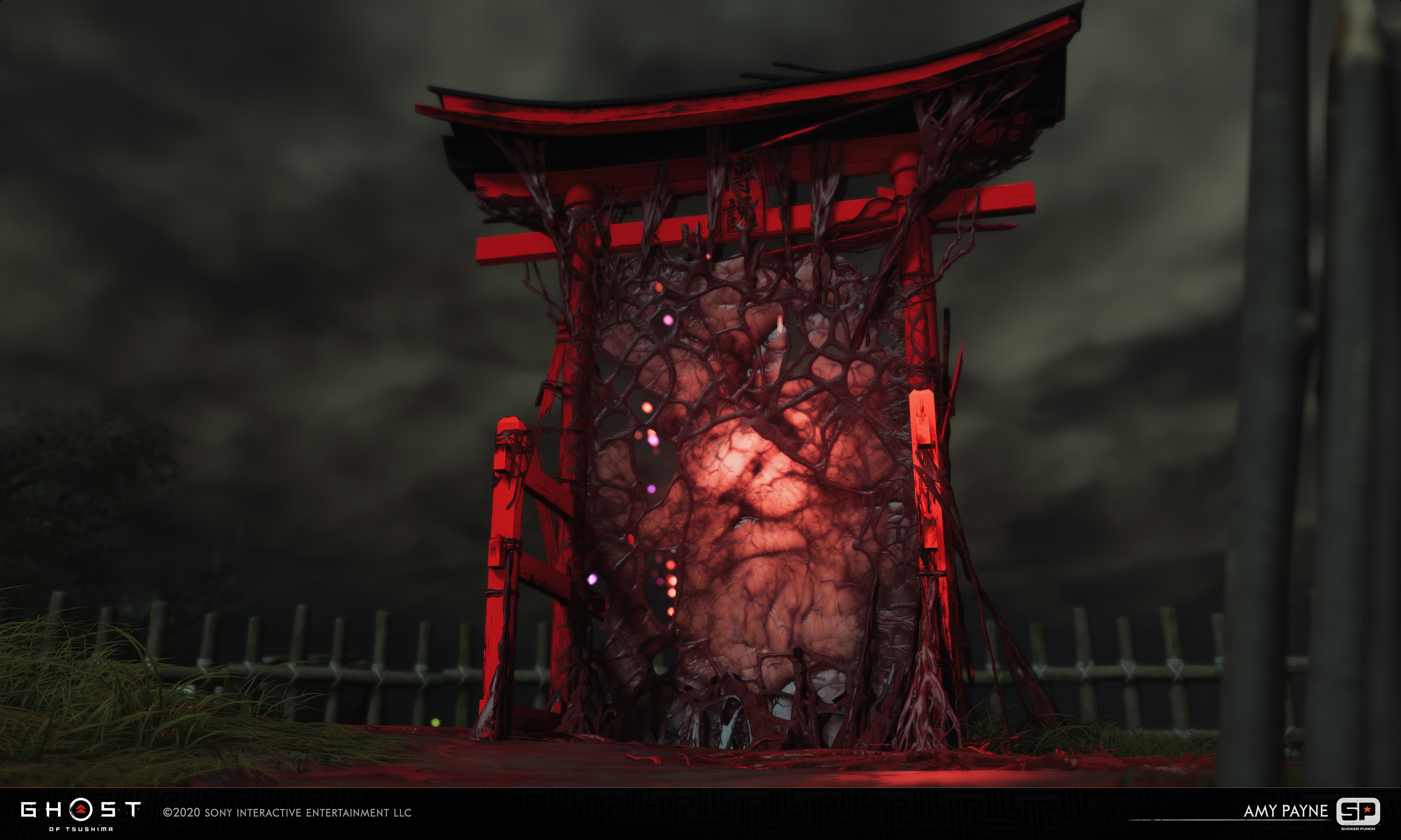 Large cursed Torii gate. Responsible for the sinew membrane material and pulsing animations.