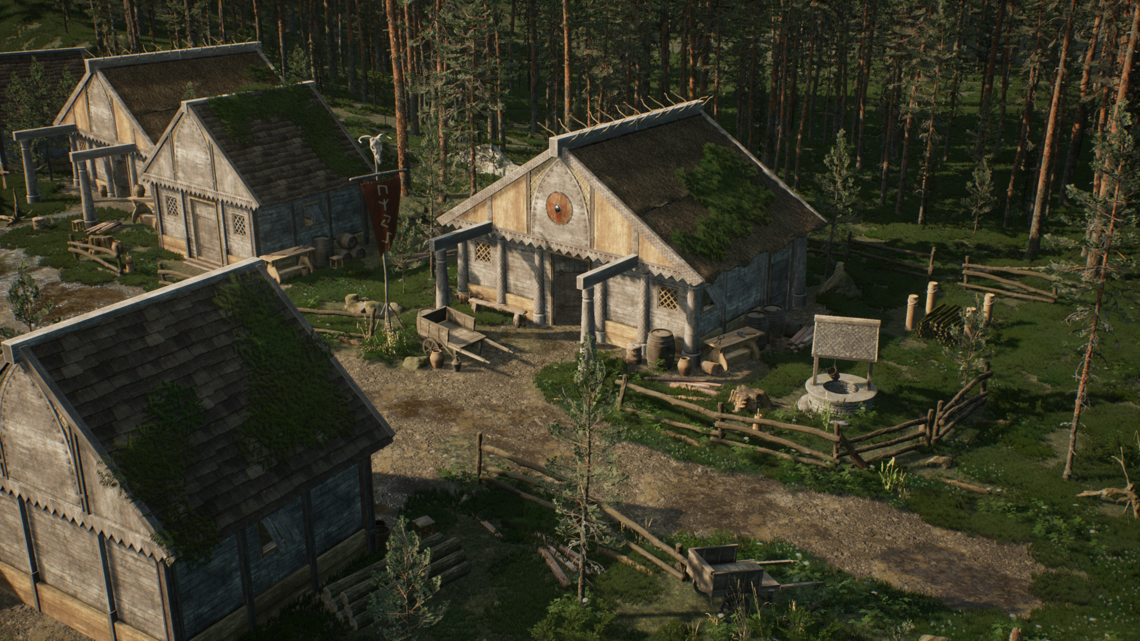 Scandinavian Homesteads:
I built all of the architectural assets modularly so that I could build a number of different homes with relative ease, and then setdress them uniquely with props and painted grass/foliage