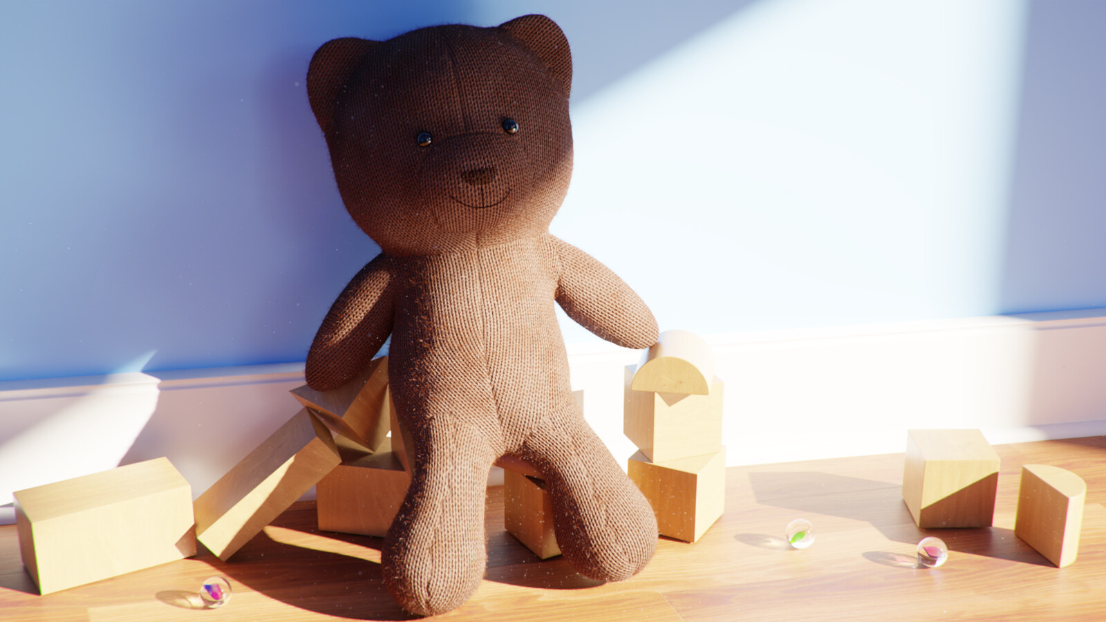 A teddy bear resting against a wall. There are wooden blocks, marbles, and a sunbeam.