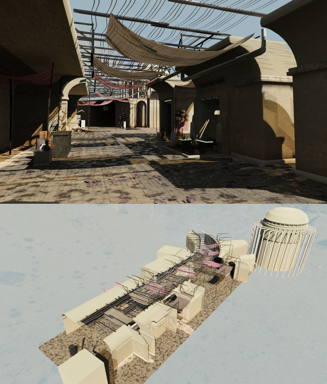 Screenshots of the environment. Most of the shaders are procedurally made within Cycles renderer