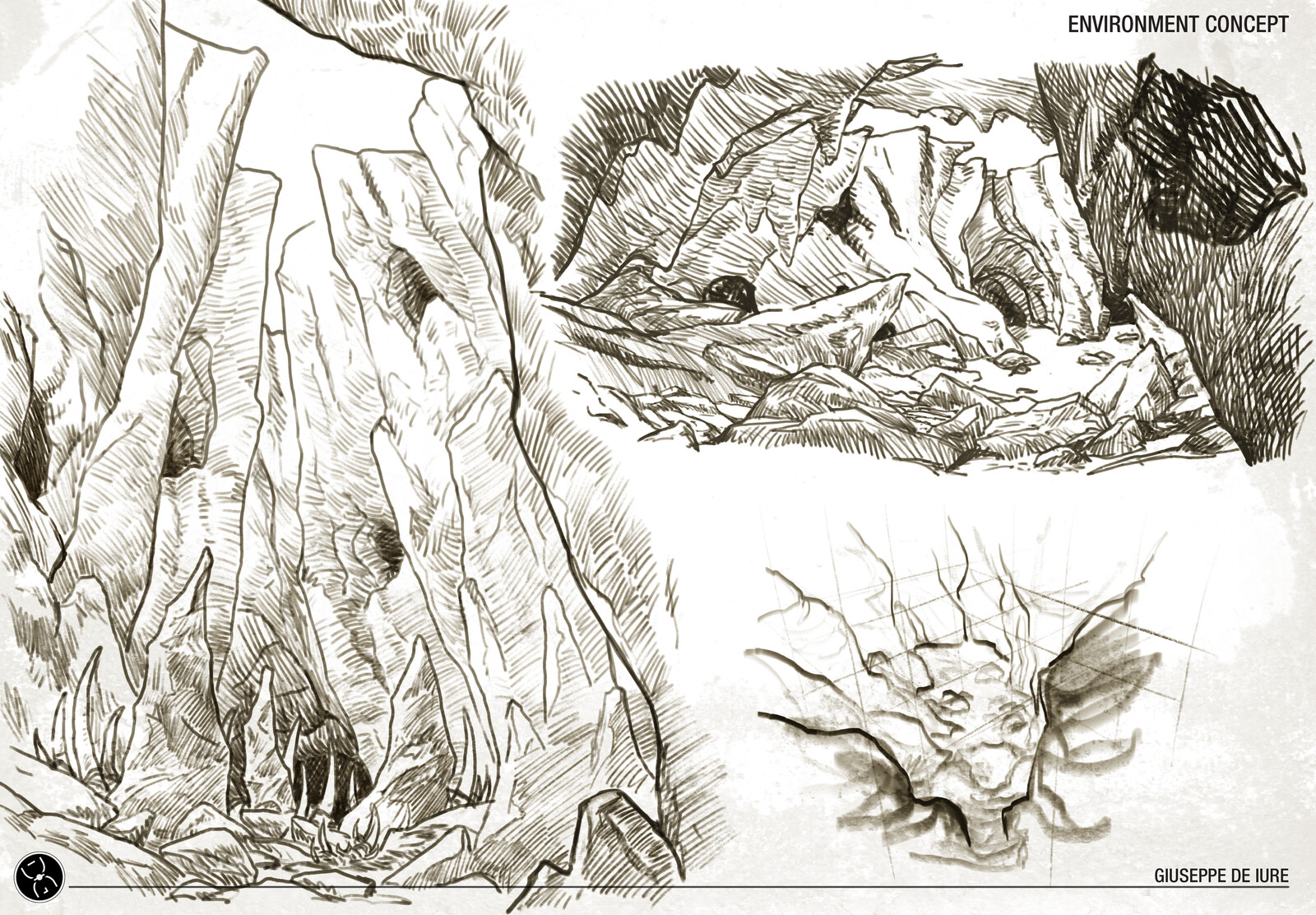 The environment is a natural cave where the creature makes different tunnels to be able to move hidden, climb onto the cave walls and jump on the poor prey fallen and injured.
