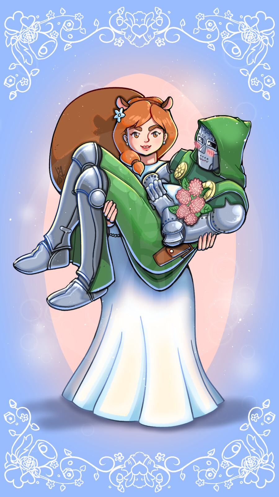 Squirrel Girl holding a blushing Dr. Doom on her arms.