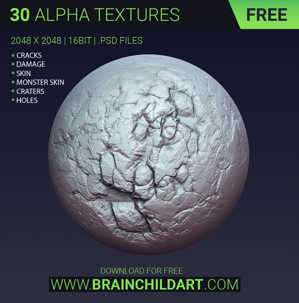 DOWNLOAD FOR FREE http://brainchildart.com/ FREE - 30 alpha textures | Cracks, Damage, Monster Skin, Craters... ZBRUSH, BLENDER &amp; SUBSTANCE