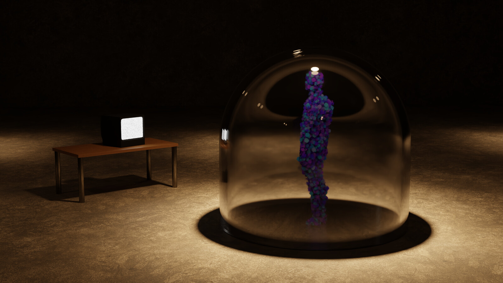 An SCP-style humanoid watching a staticky TV from a glass containment unit.