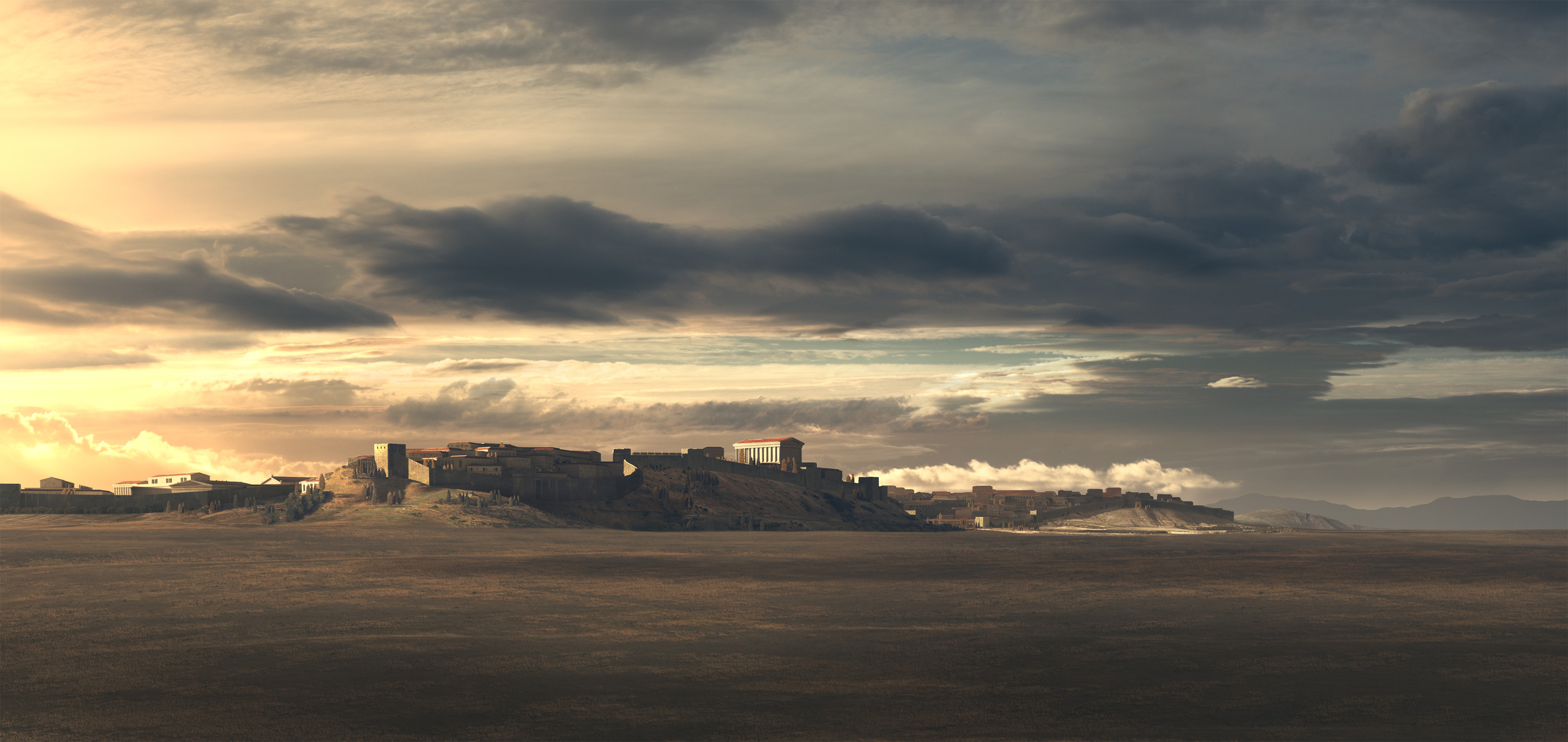 Field of Mars: This matte-painting was created to show the city of Rome viewed from the field of Mars where Crassus army is prepared for fighting the rebellion of Roman slaves under the leadership of Spartacus.