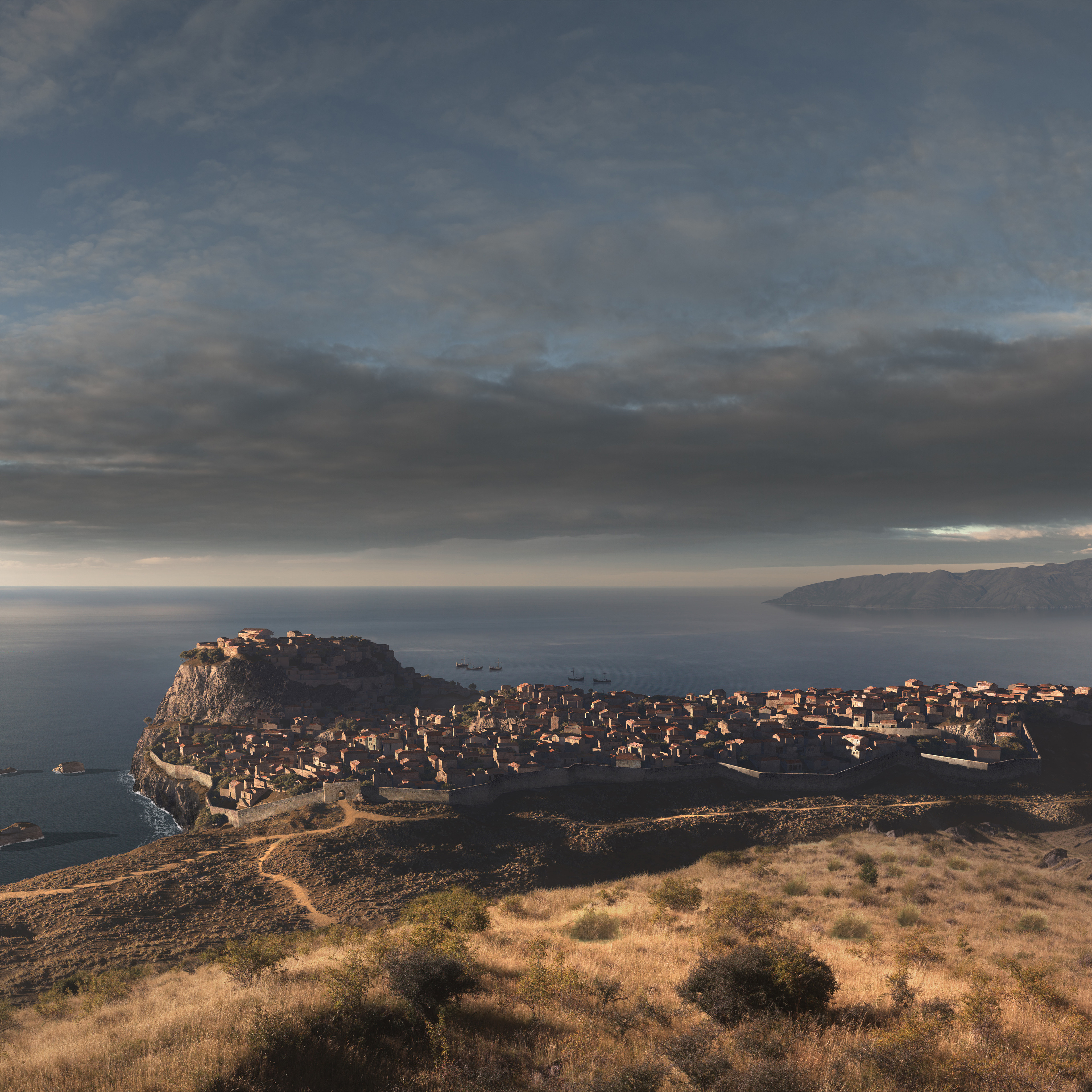 Sinuessa City: This matte-painting was originaly created for the Spartacus: War of the Damned trailer for the Comic Con in San Diego and was then improved for the integration in the episode 3.