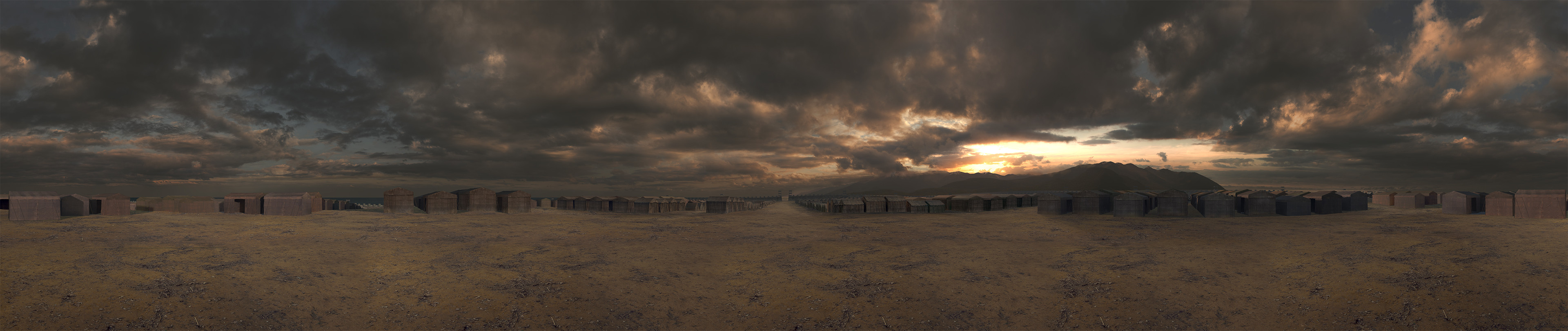 Crassus Camp: 360° matte-painting of the Crassus Camp. The position of the 6 pack camera is in front of the Crassus tent, surrounded by all the other tents of the campement. Several versions with different skies have been done.
