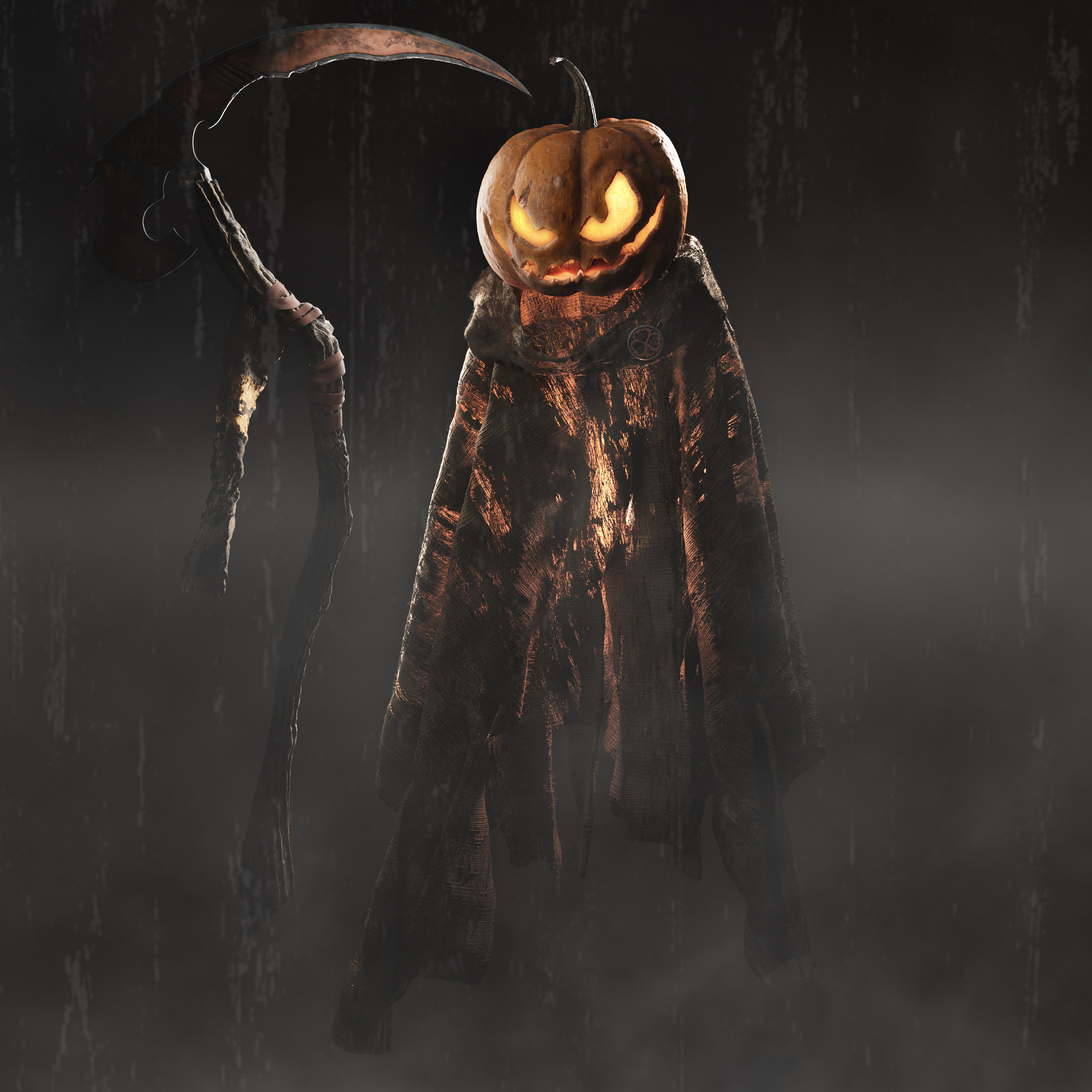Initial render showcasing the full work in Blender. The fog effects were added in Photoshop, and the cloak was created in two parts using a cloth sim.