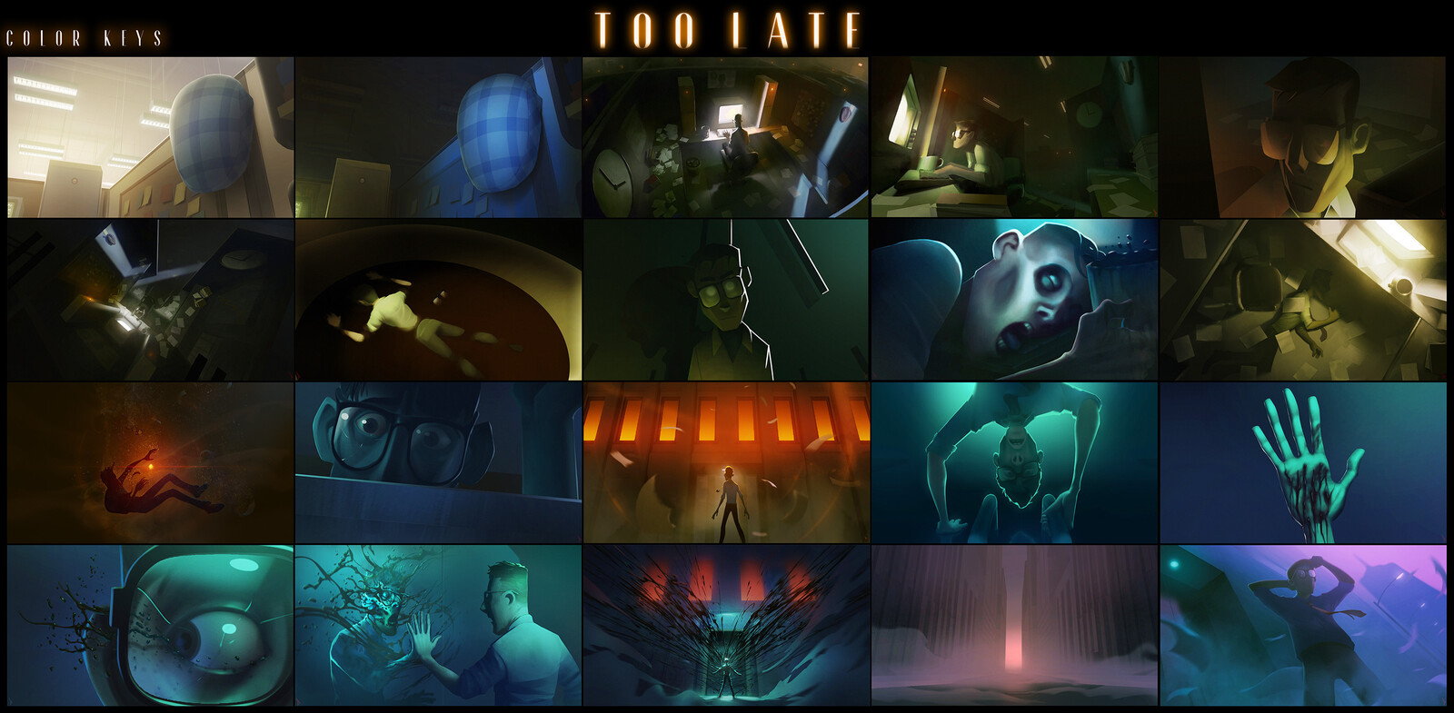 Original color keys for the film. Some were created before any cg work began, and a couple after some greybox or block-in art was made.