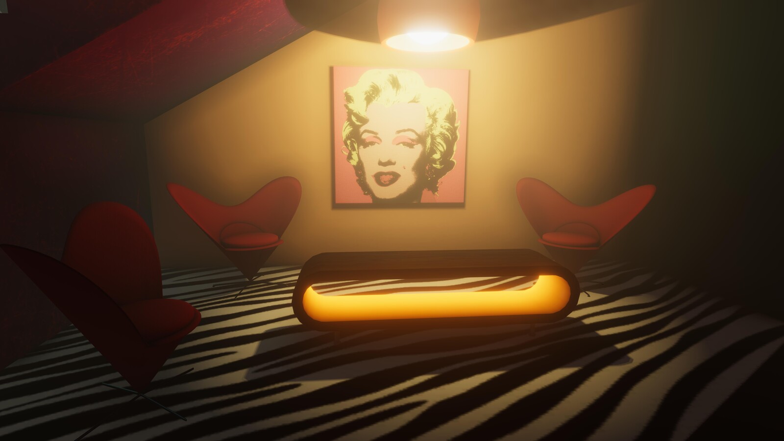 The lobby seating area all comes together well with the low hanging light and Marilyn on the wall.