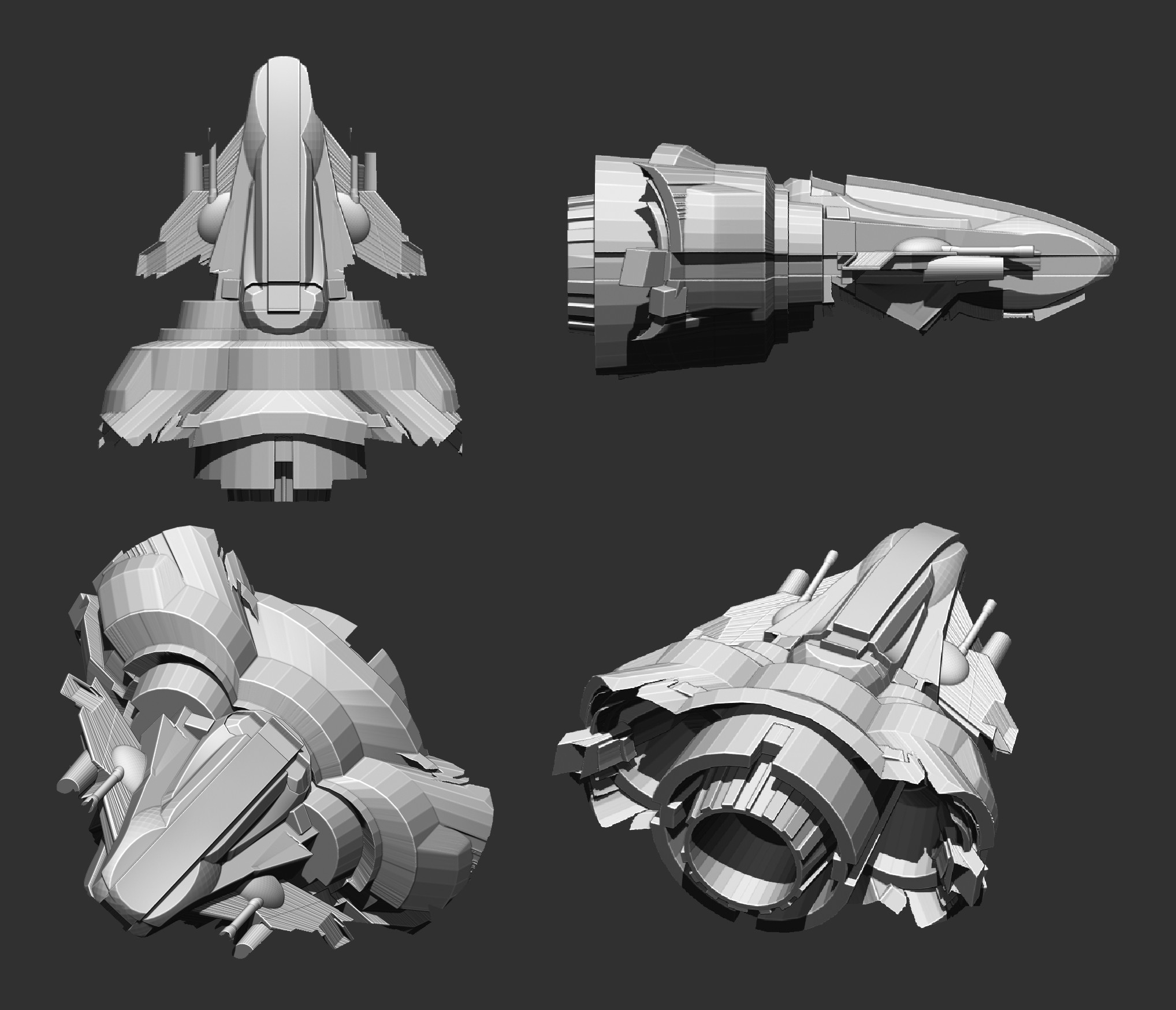 Super rough ship model. I knew the perspective I wanted and just focused on general shapes. 