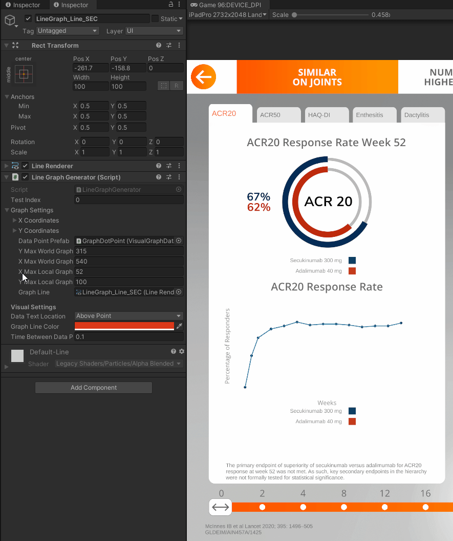 Circle Graph Generator from Medical Data
-This graph script allows medical data to be imported and then builds a graph.
-Allows for animation curve adjustments to speed of graph building as well as setting end values.
-Able to add unlimited circle graphs 