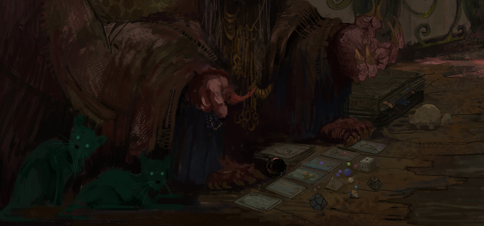cards, dice, huge books and pets. 