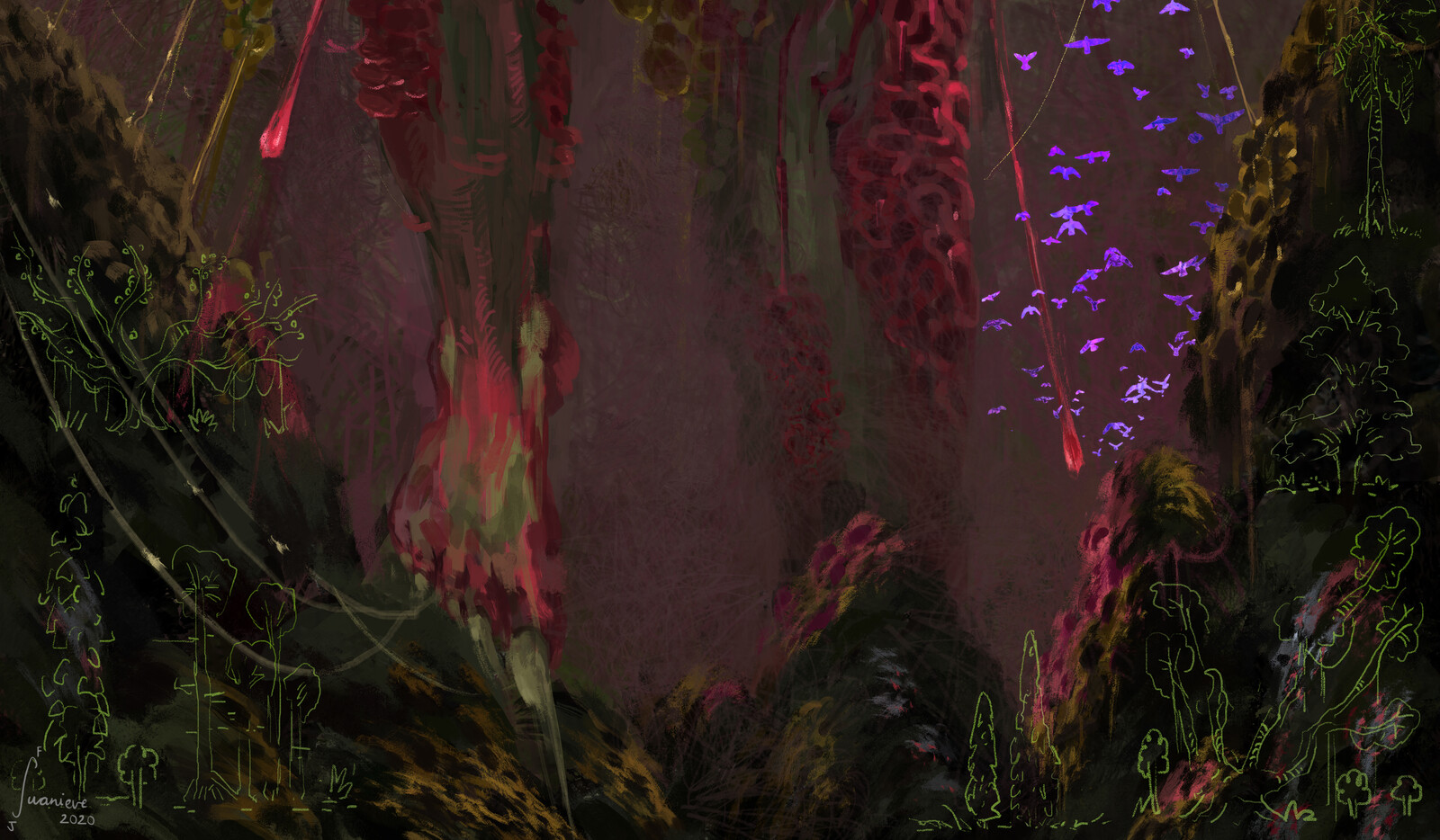 parts of the Tangle Knit Folly where The Verdant God walks is heavy with magic, turning vast landscapes into 2 dimensional portals. 