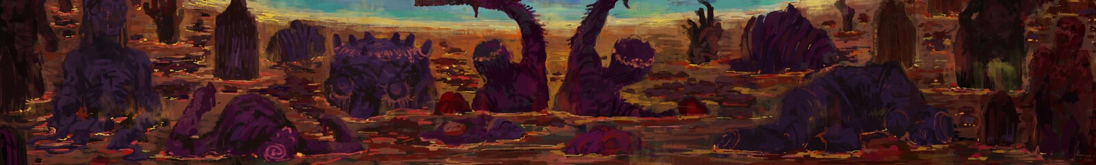 the fallen gods in a lava-esque swamp
