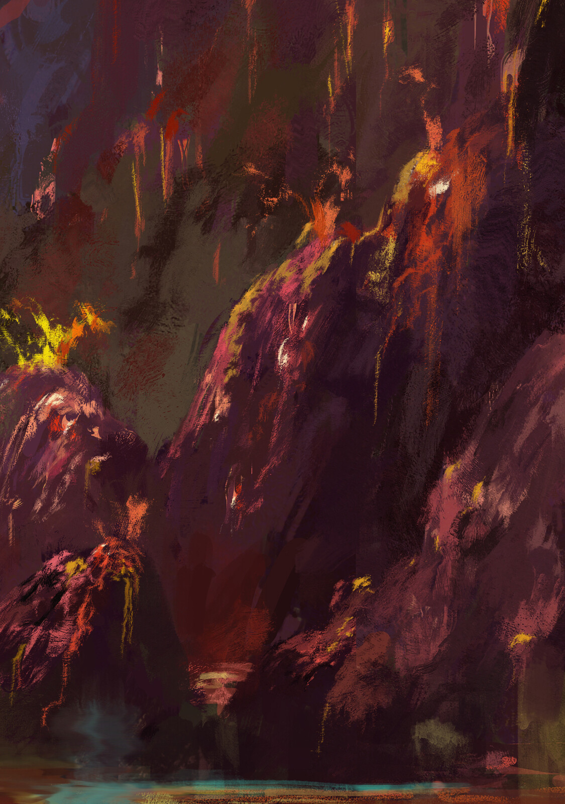 expressive brush marks to suggest exploding volcanoes
