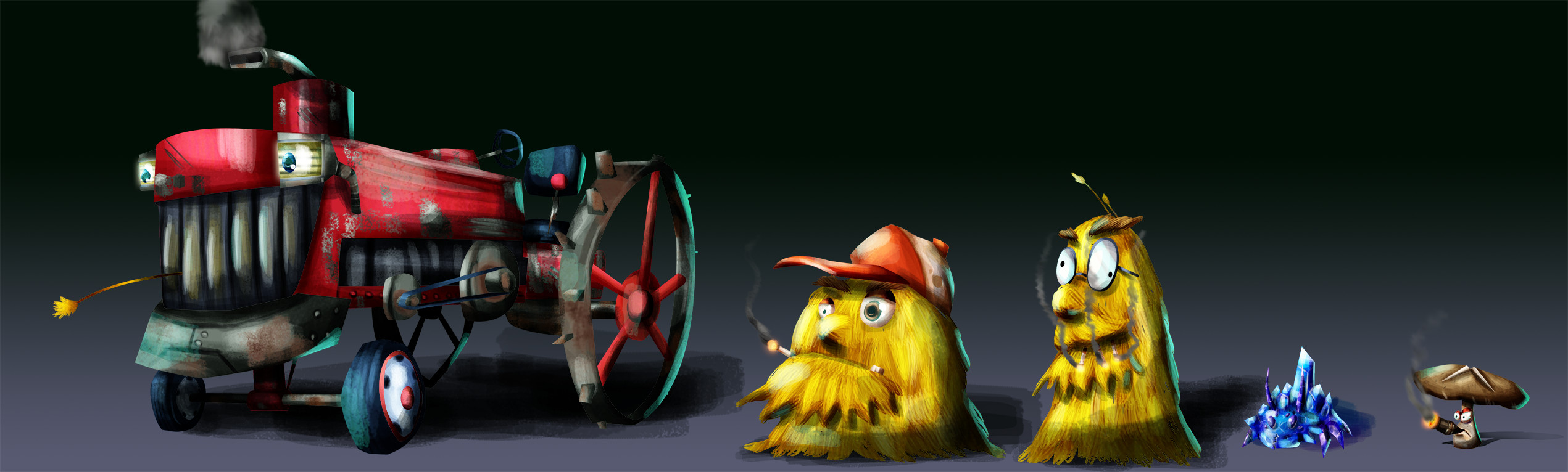 The supporting cast: Mr. Tractor, the haystack bros Jack and Burt, some crystal mite, and a shit-talking mushroom.