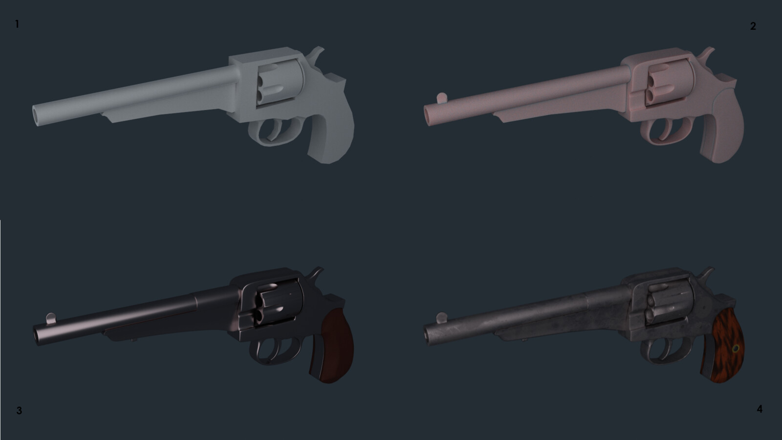 1.Blockout  2.SubD  3.Sculpt  4.Low Poly