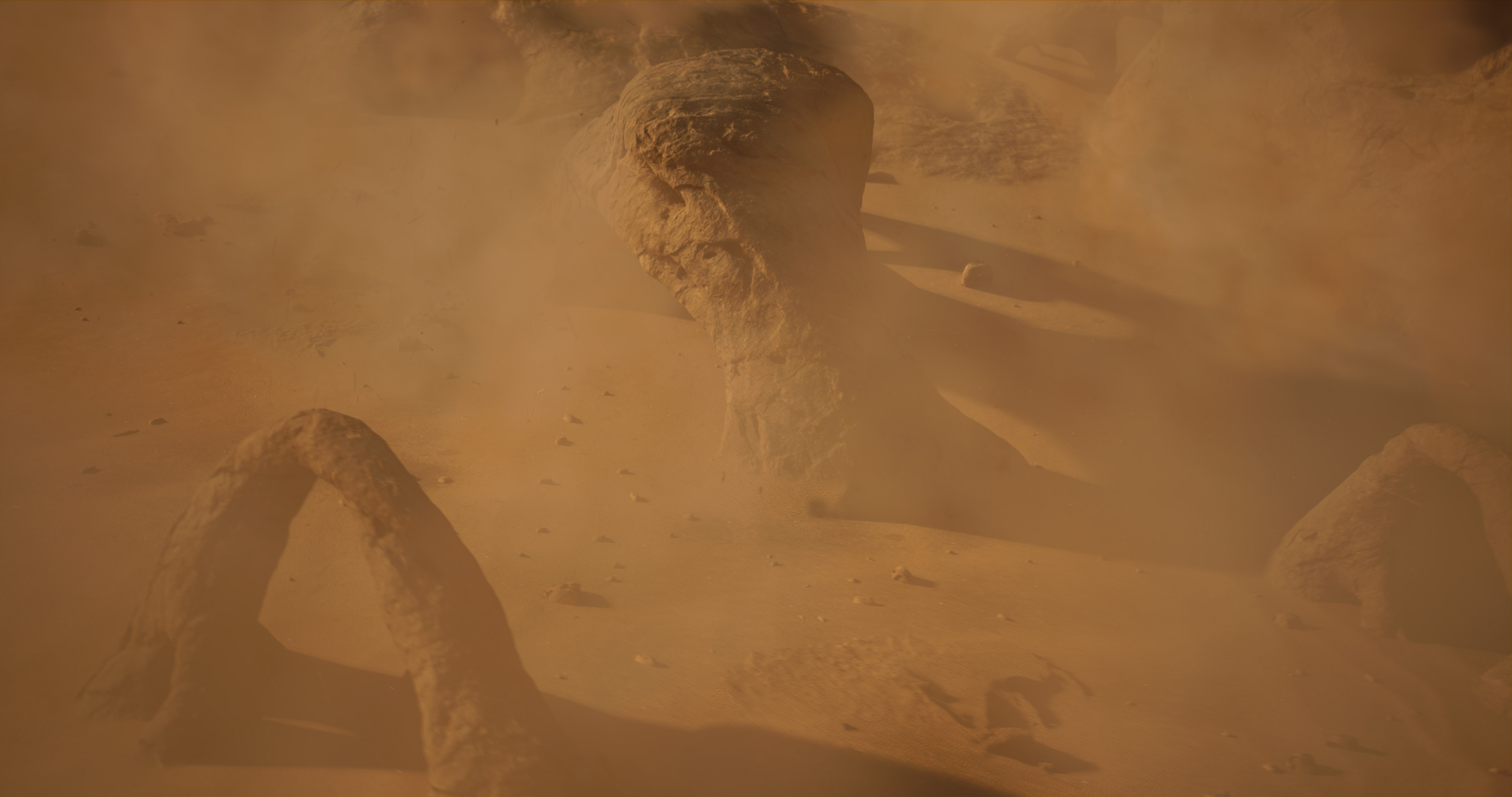 The sand storm was an idea that came later as I was starting to assemble the first few shots.  I ended up building a bunch of Niagara emitters and placing them around for each storm shot.
