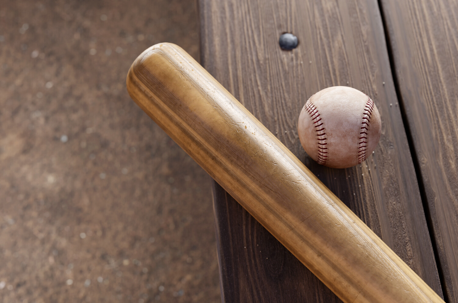 ArtStation - Wooden bat and ball lying on bench.