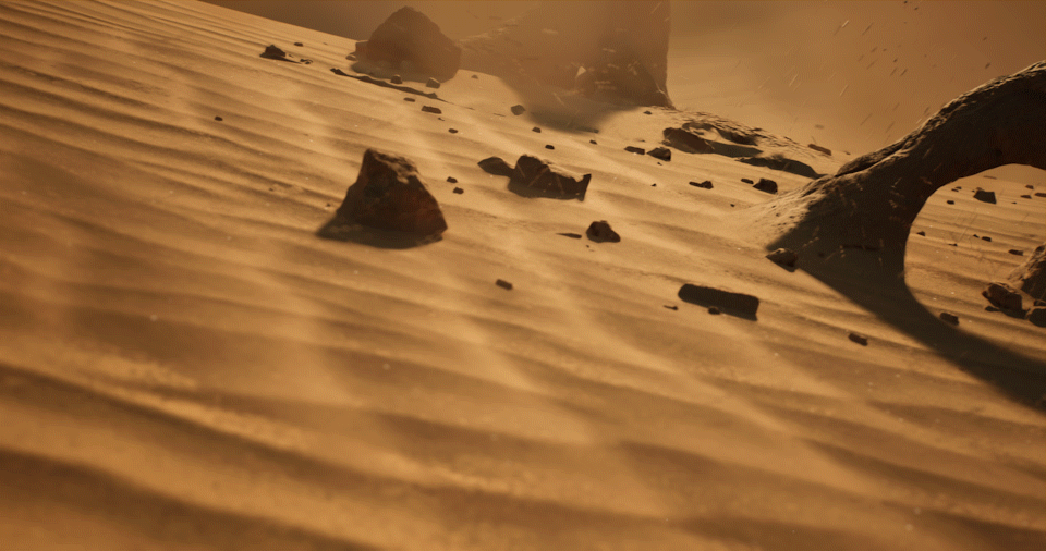 I also used a decal with an animated normal map to get the feeling of the sand being pushed along the ground with by the wind.