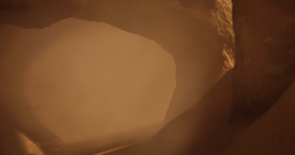 The shots with sand caving in also used a normal map animated with a panner node. 