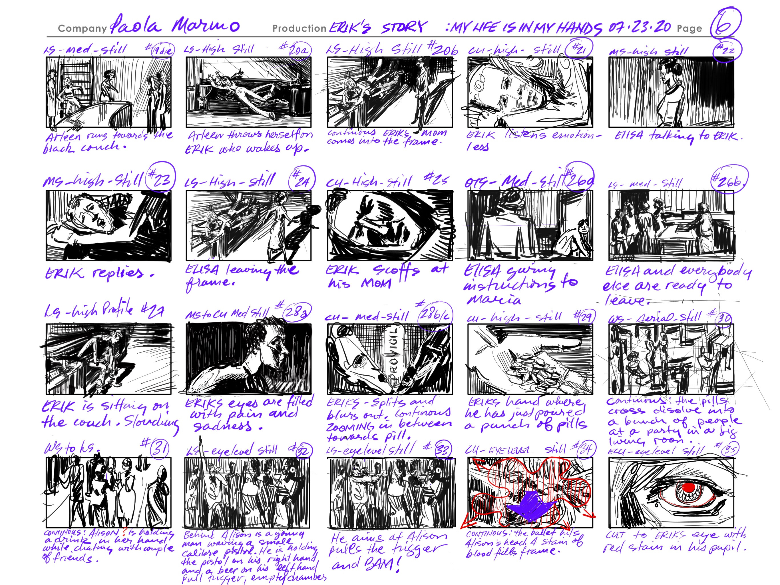 Thumbnails for a Paola Marino film created by VInce Mancuso. When you do a first pass you should do it quick. It is a gesture. The focus should be on the broad strokes or the large shapes. 