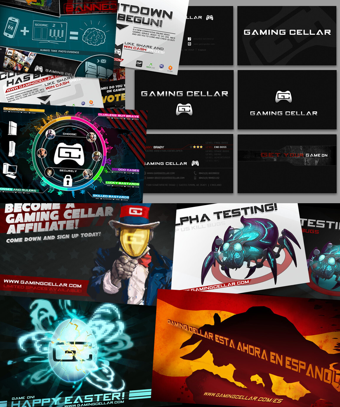 Promotion, info-graphics and business cards for "Gaming Cellar".
